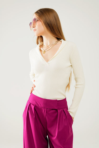 cream Collared Rib sweater With Long Sleeves Q2store