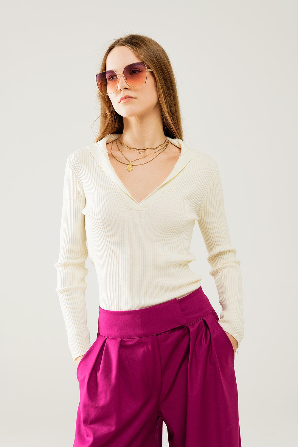 cream Collared Rib sweater With Long Sleeves Q2store