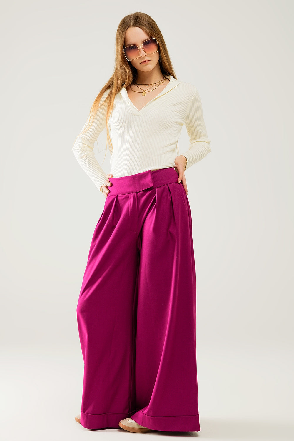 cream Collared Rib sweater With Long Sleeves Q2store