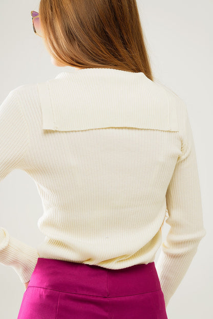 cream Collared Rib sweater With Long Sleeves Q2store