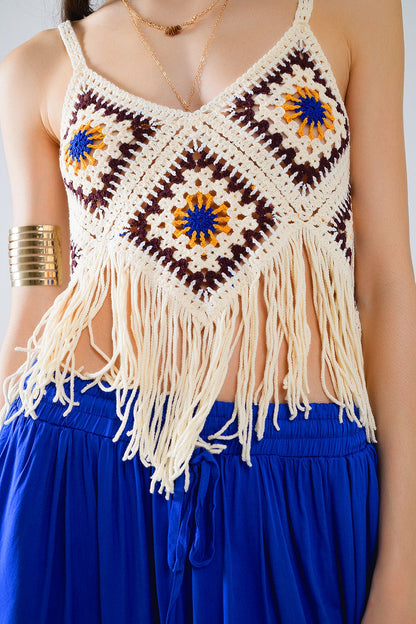 Crochet Top With Fringe Ends In Cream Q2store