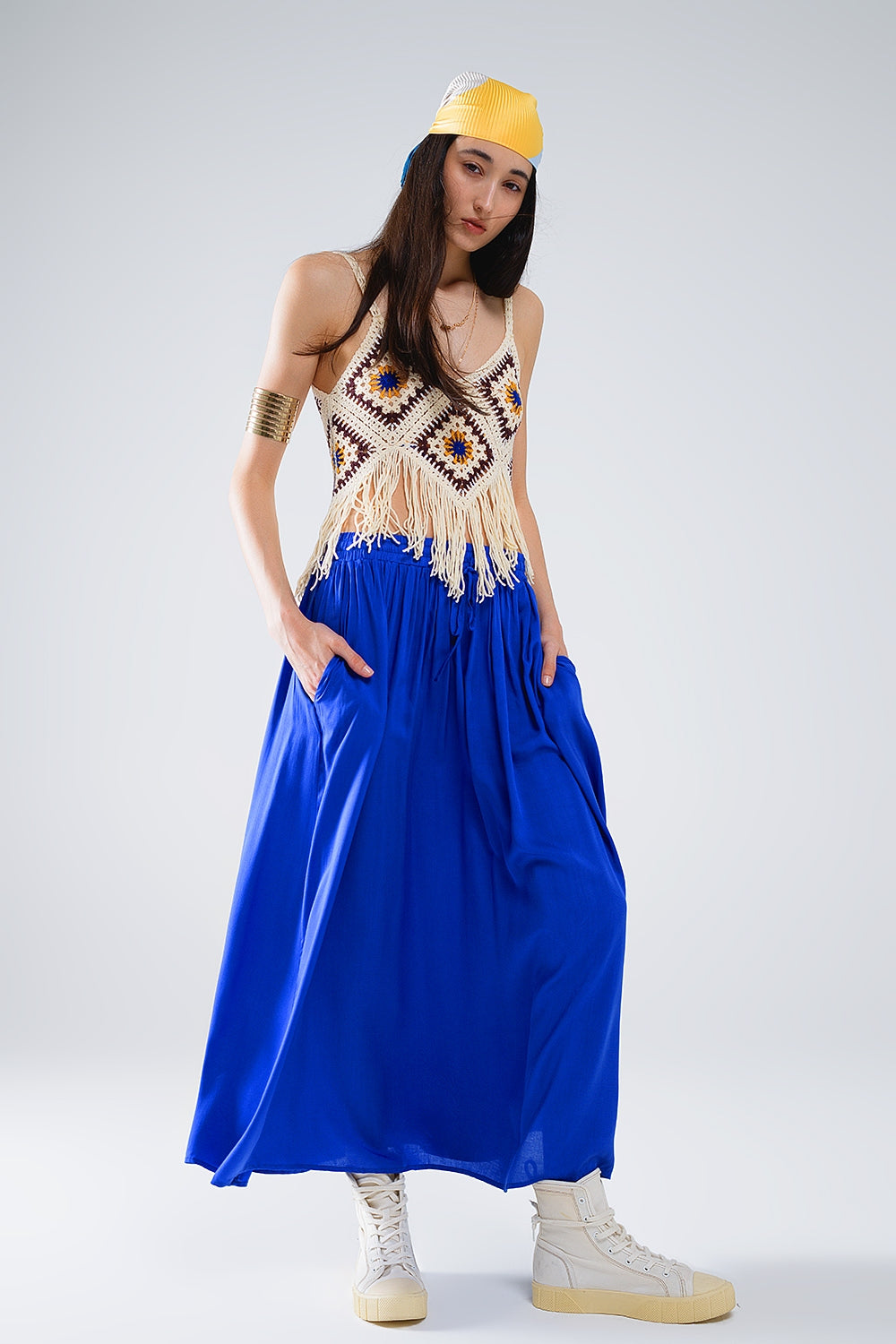 Crochet Top With Fringe Ends In Cream Q2store