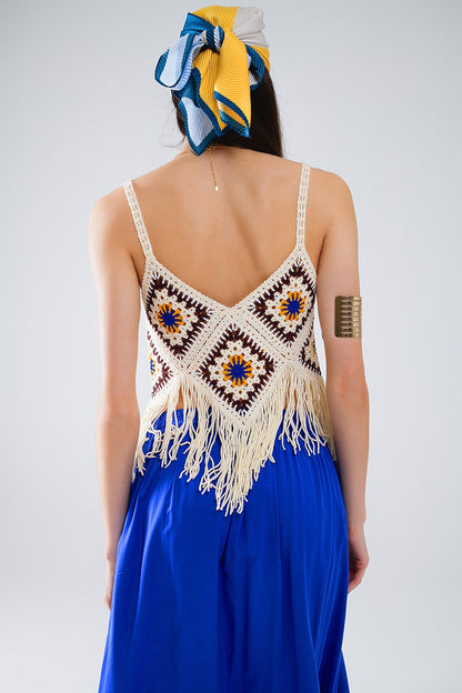 Crochet Top With Fringe Ends In Cream Q2store