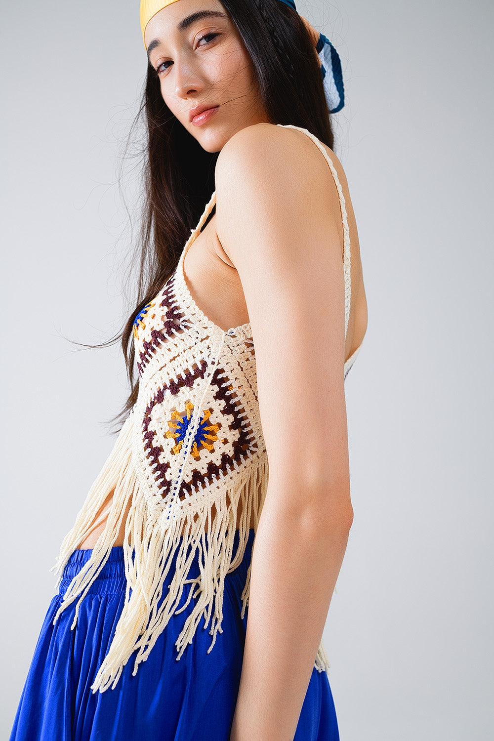 Crochet Top With Fringe Ends In Cream Q2store