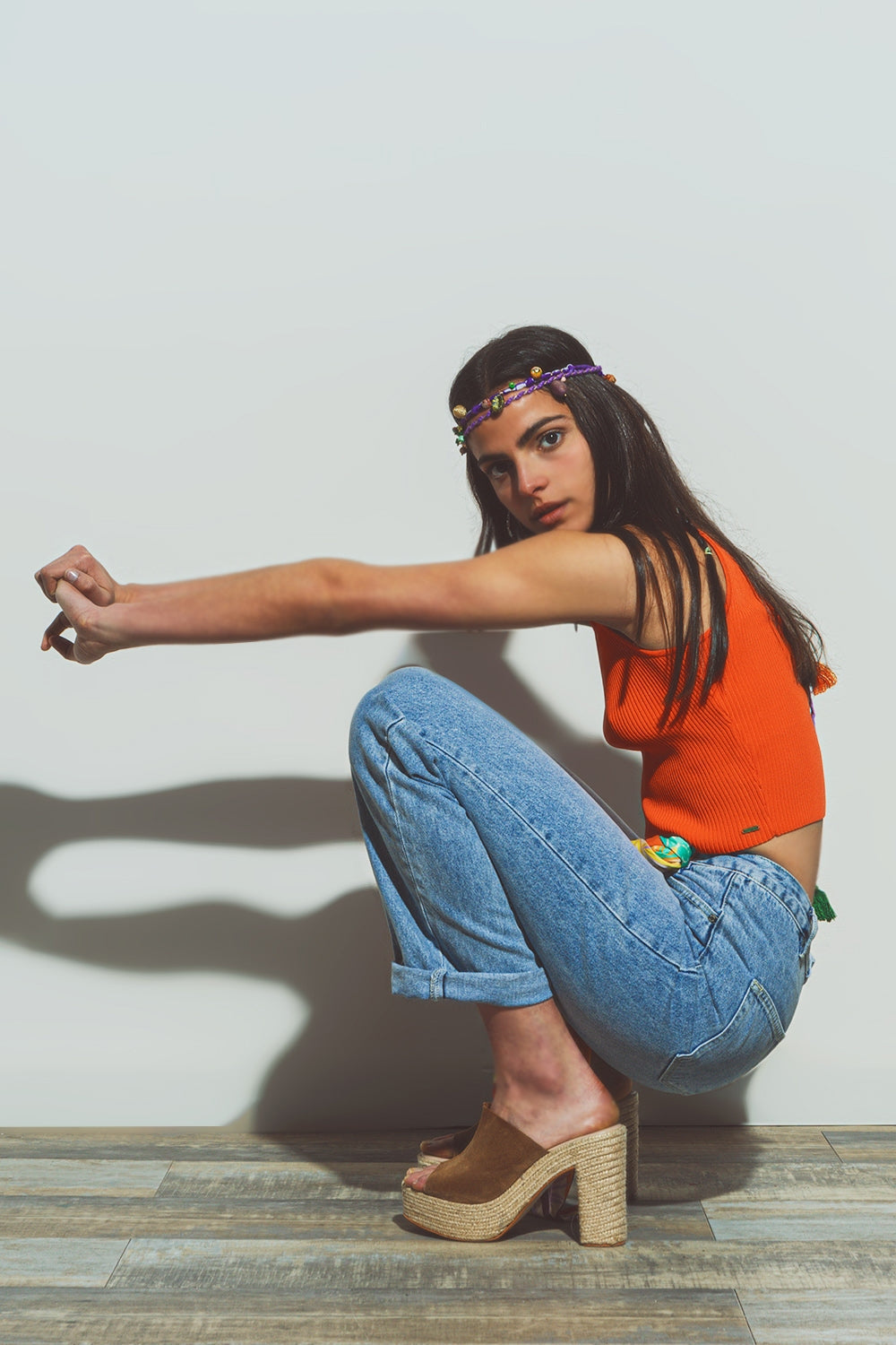 Cropped Knitted Tank Top in Orange Q2store