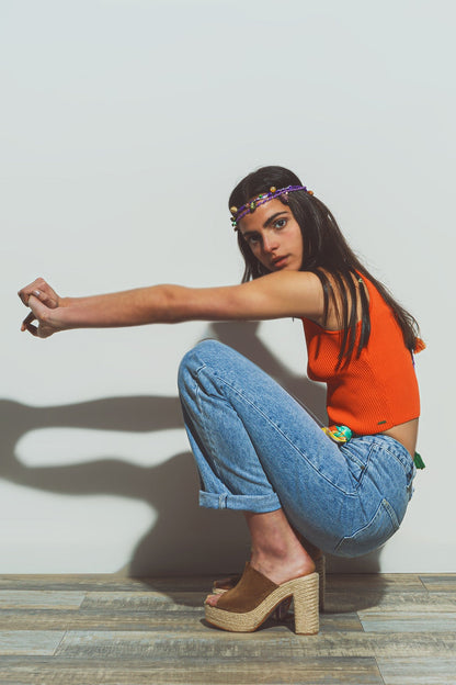Cropped Knitted Tank Top in Orange Q2store