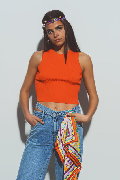 Cropped Knitted Tank Top in Orange Q2store