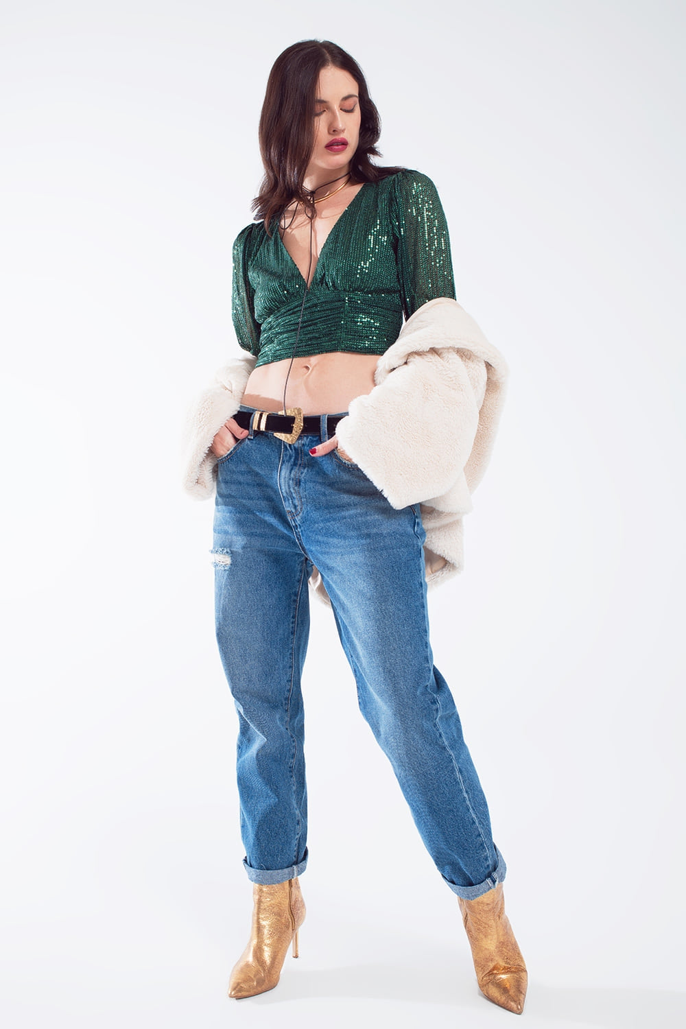 Cropped long Sleeve Sequin Top With V-neck and Rouched Design in Green Q2store