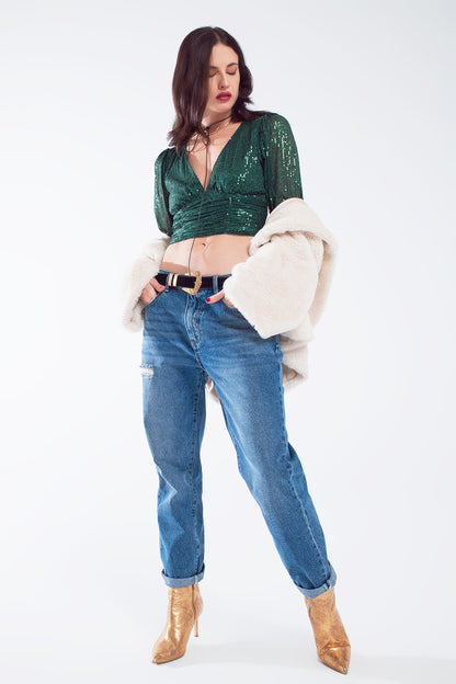 Cropped long Sleeve Sequin Top With V-neck and Rouched Design in Green Q2store