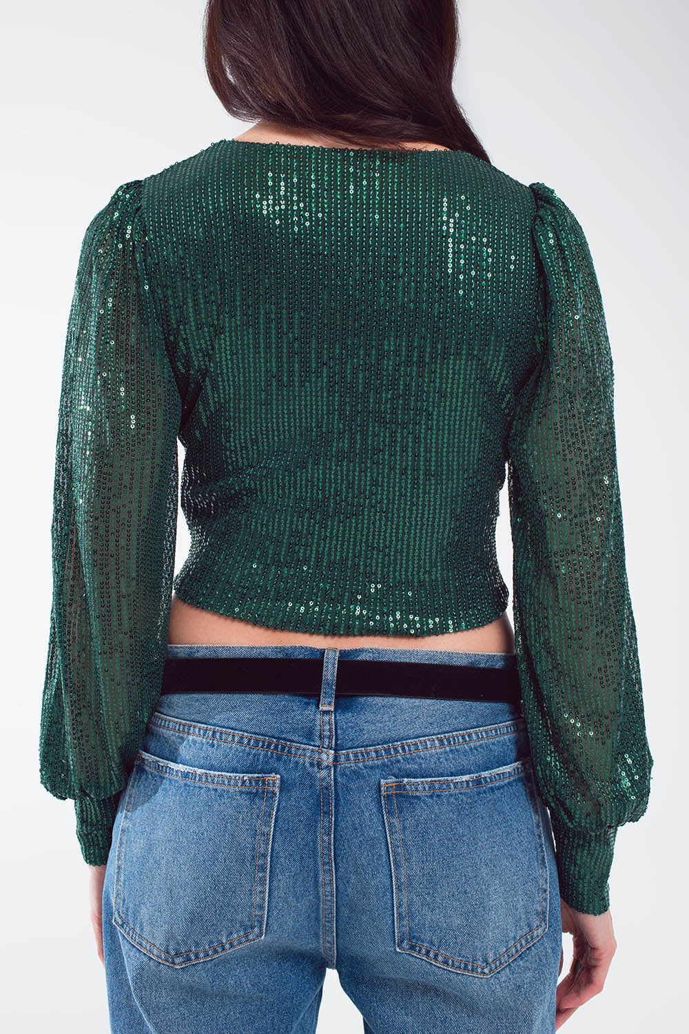 Cropped long Sleeve Sequin Top With V-neck and Rouched Design in Green Q2store