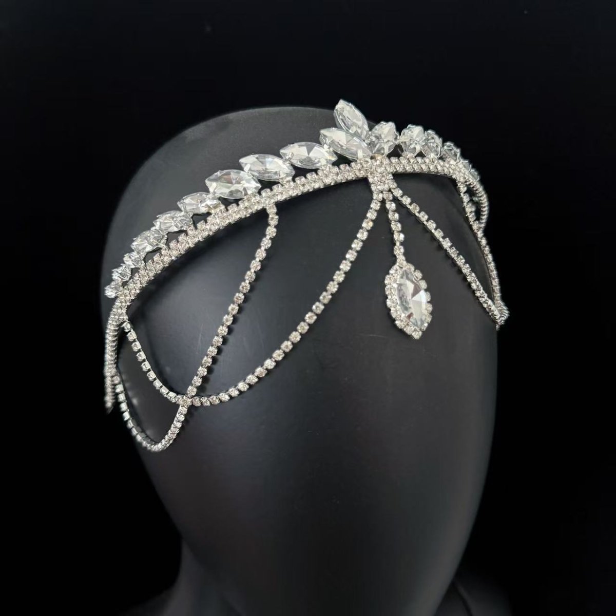 Crystal Tiara Headband with Cascading Forehead Chain (MAC330) Mariam's Collection