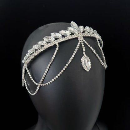 Crystal Tiara Headband with Cascading Forehead Chain (MAC330) Mariam's Collection