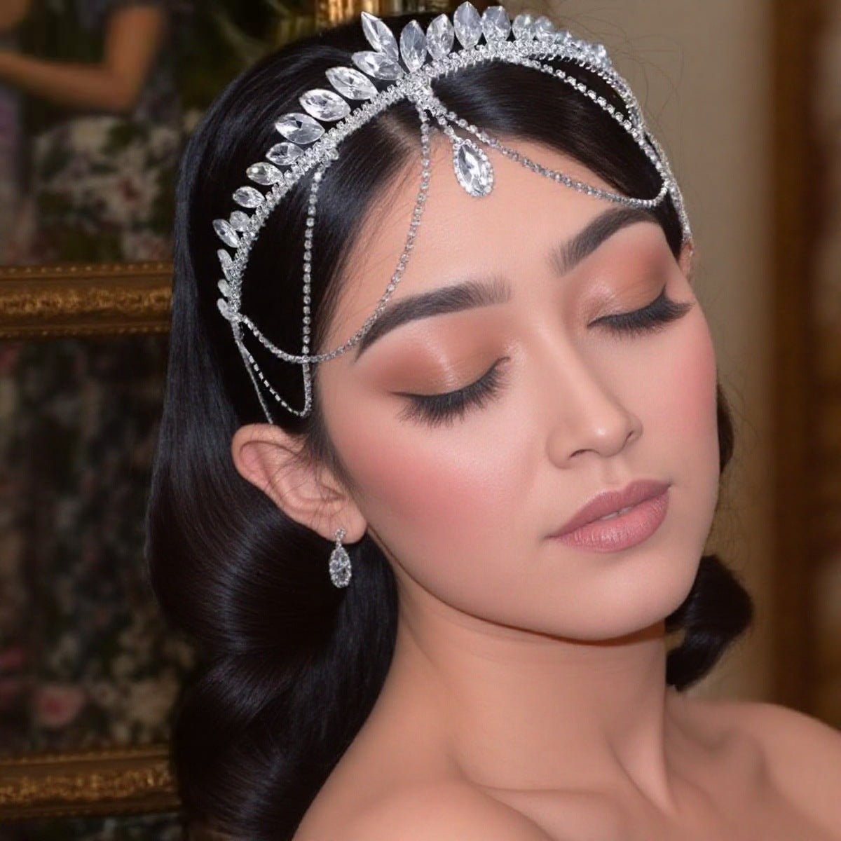 Crystal Tiara Headband with Cascading Forehead Chain (MAC330) Mariam's Collection