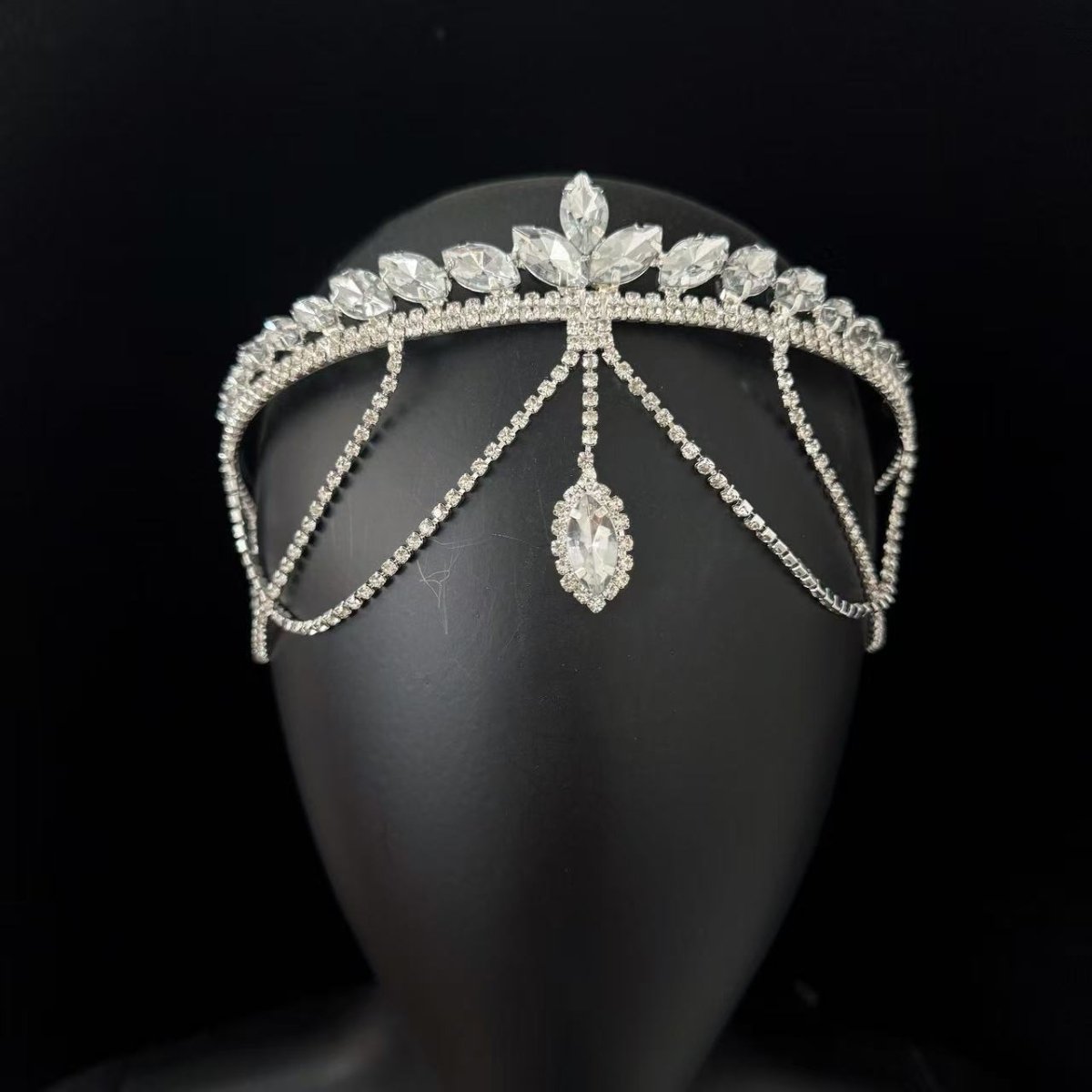 Crystal Tiara Headband with Cascading Forehead Chain (MAC330) Mariam's Collection