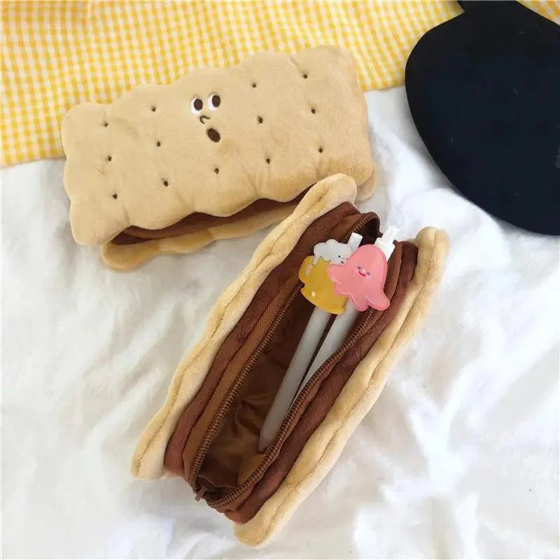 Cute Biscuit Shape Plush Pencil Bag Unique Soft School Classic Cookies Stylish Large Capacity Pouch Pencil Pouch For Teen Boys Girls School Students Pencil Bag Organizer Stevvex