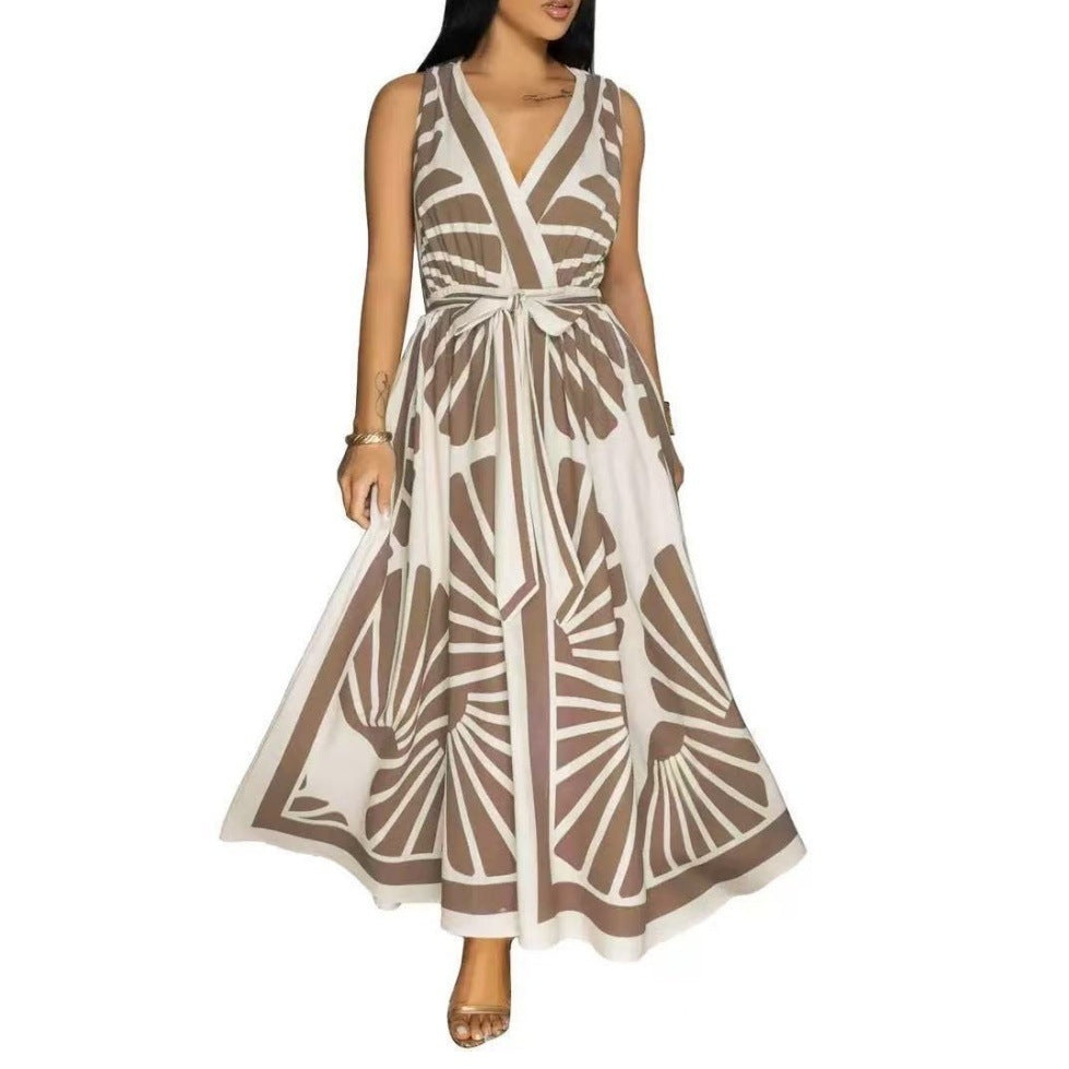 European And American V-neck Positioning Printing Backless Dress Grayceful LLC