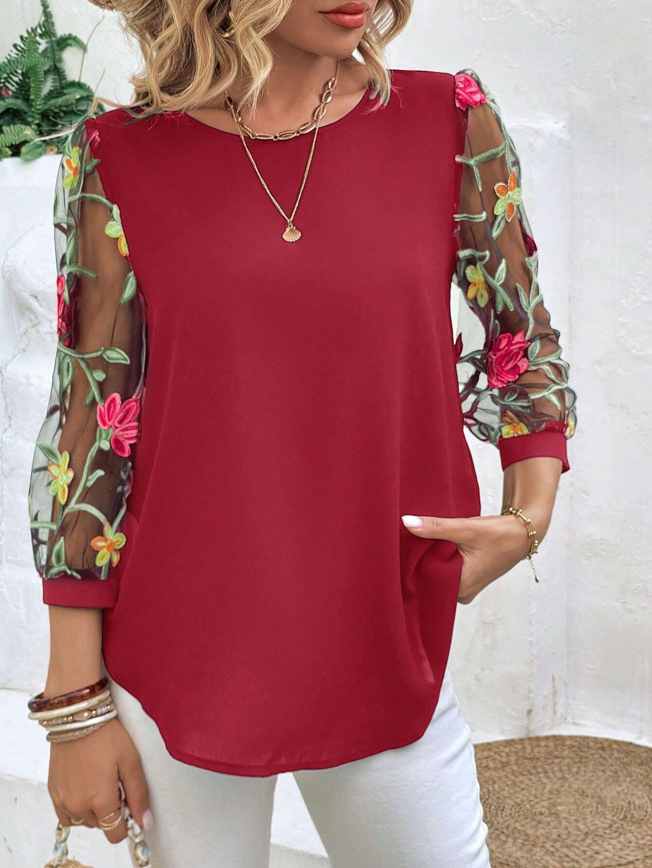 Women's Mesh Patchwork Three-Quarter Sleeve Top – Casual Chic FitiqueFit