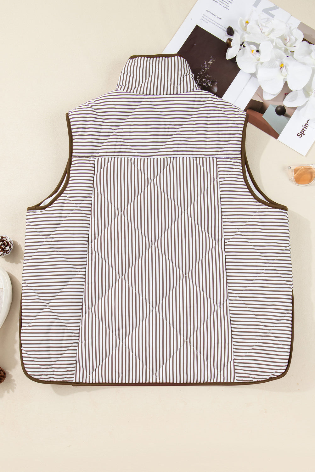 Brown Stripe Quilted Wavy Hem Snap Button Plus Size Vest Garden Naked Curves