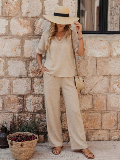 Women's Embroidered V-Neck Top & Wide-Leg Pants Set – 5 Colors S–XXL FitiqueFit