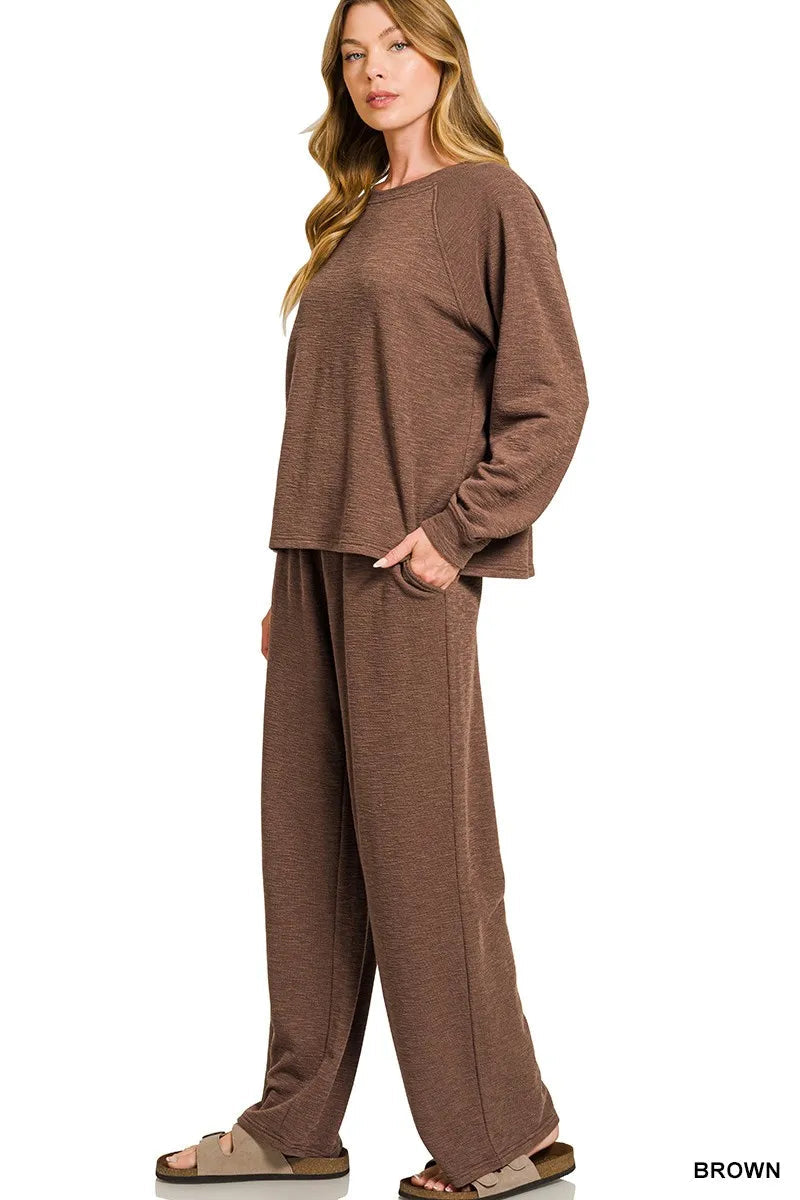 Zenana Slub Long Sleeve Top and Pants Lounge Set West2East Surf