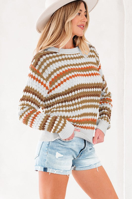 Stripe Eyelet Knit Drop Shoulder Sweater Shop Style & More | Fresh Looks, Everyday Deals & Free Shipping