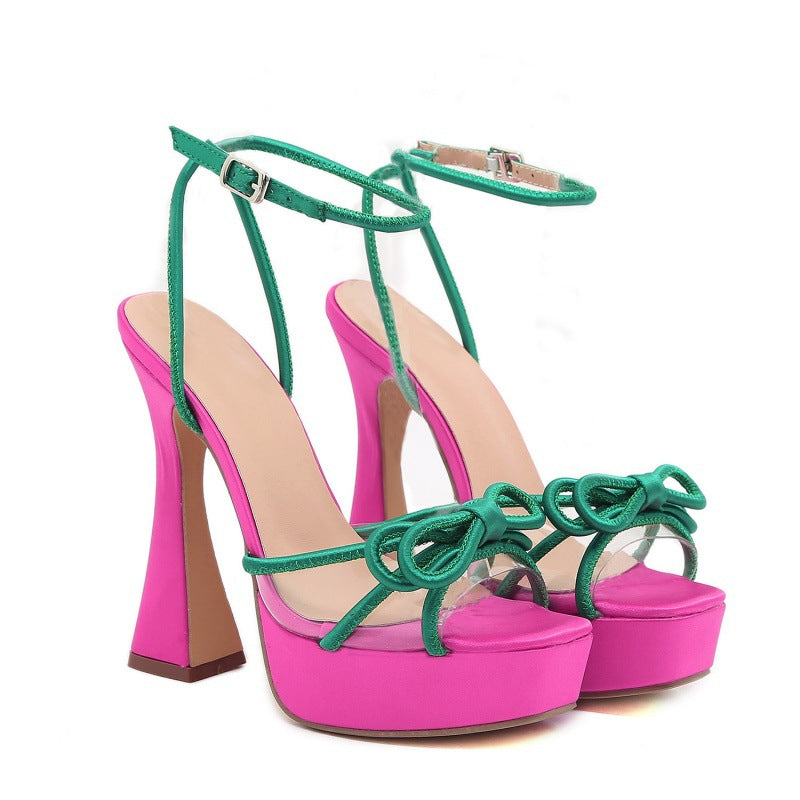 Bright Color-blocking Bow Thick-soled Buckle Chunky High Heels See size chart under “more details” The Fashion Celestial