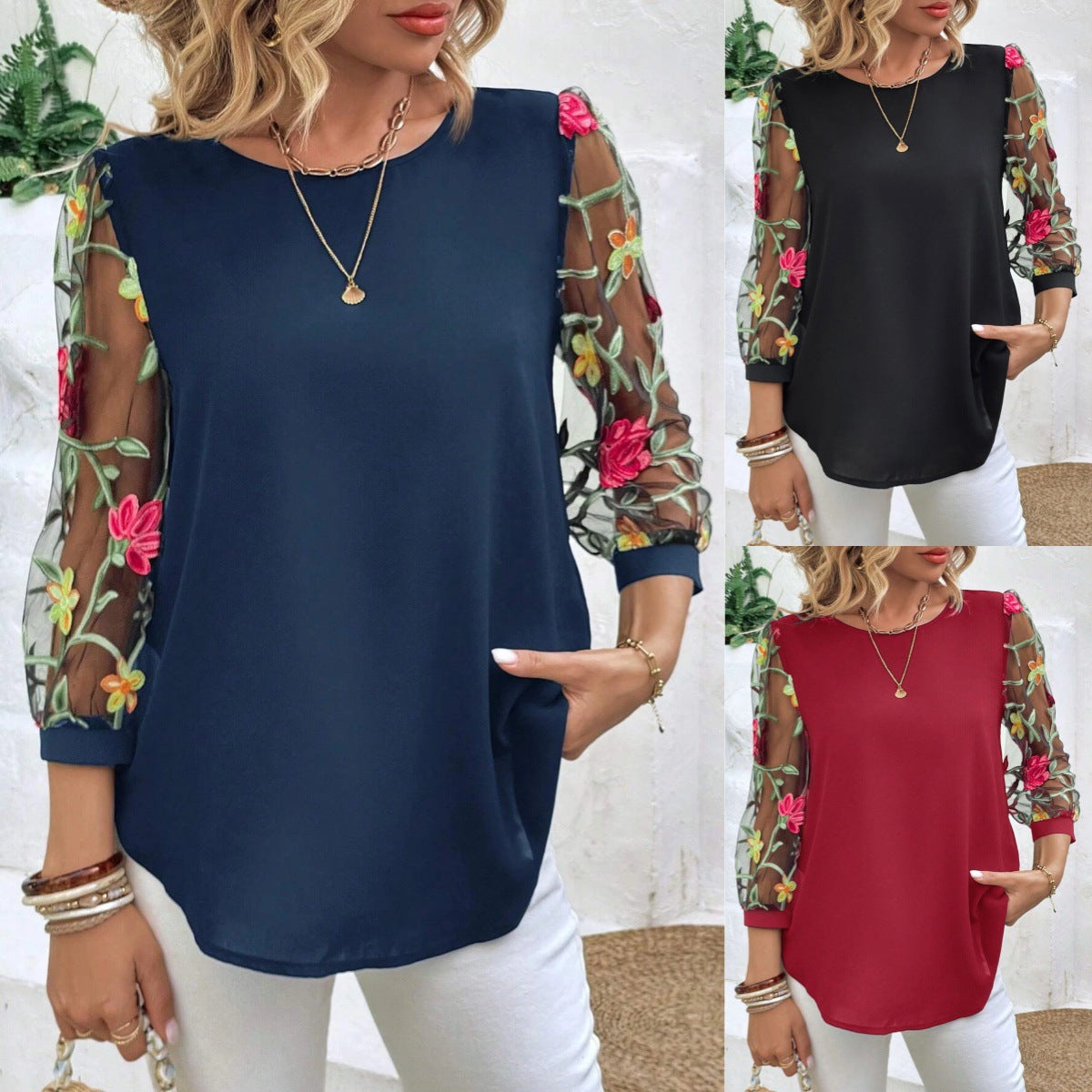 Women's Mesh Patchwork Three-Quarter Sleeve Top – Casual Chic FitiqueFit