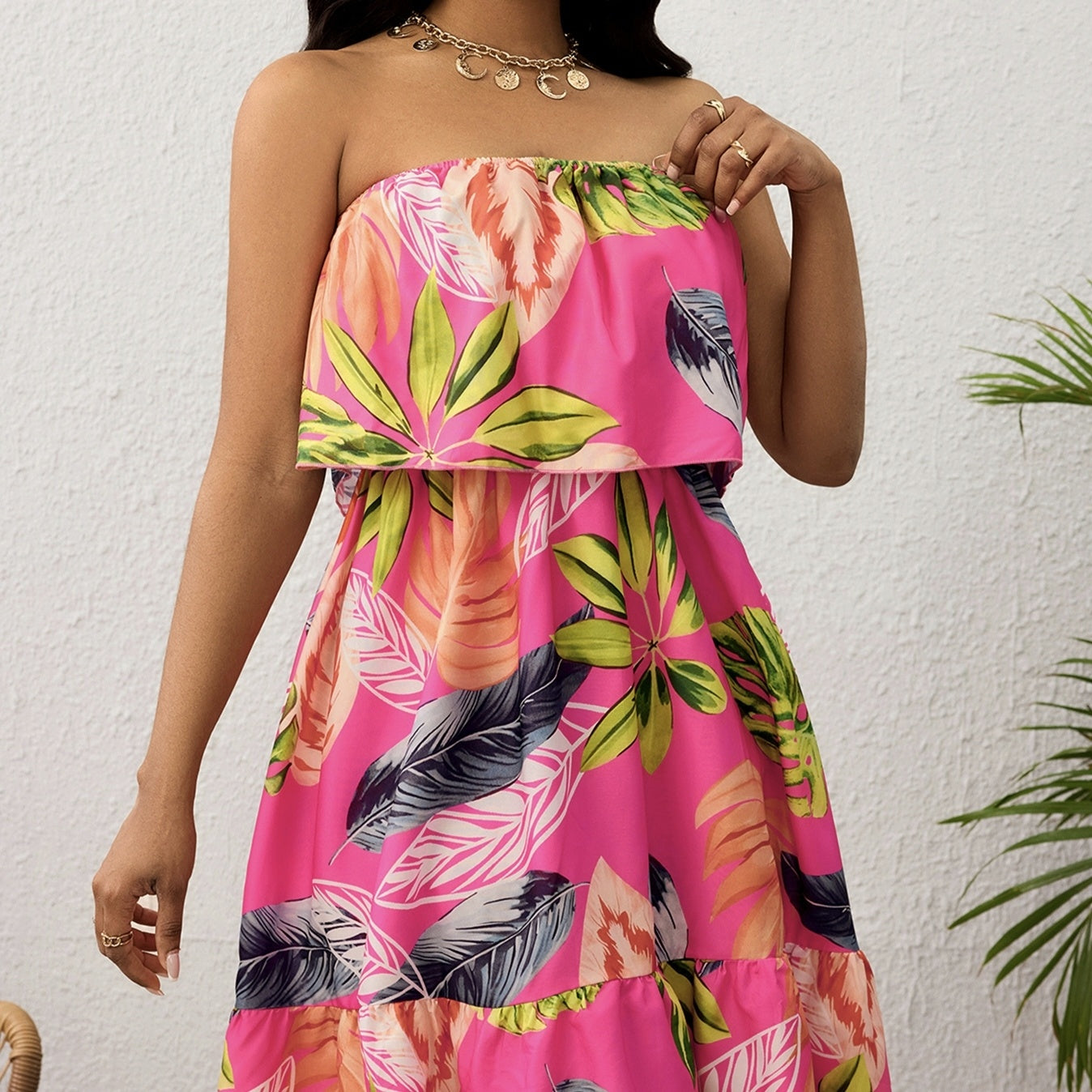 Tropical Strapless Off-Shoulder Vacation Dress FitiqueFit