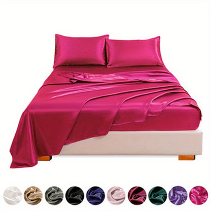 4pcs Satin Bed Sheet Four-Piece Set Includes One Fitted Sheet, One Flat Sheet, And Two Pillowcases. Pillowcases Do Not Include Inserts. Solid Colors Showcase Simple Elegance. The Simple Style Is Classic And Timeless. Polyeste NovaCart