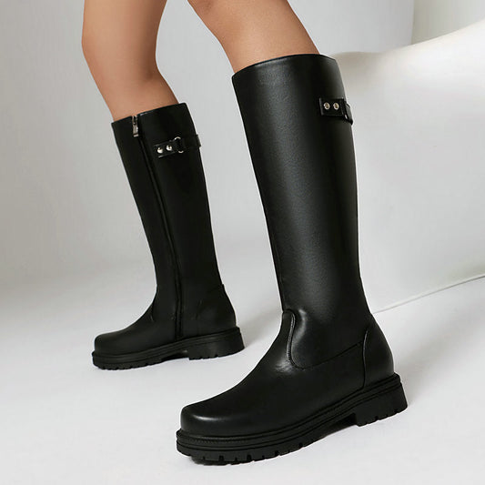 Women’s Retro British-Style Riding Boots – Leather Belt Buckle Knee Boots FitiqueFit