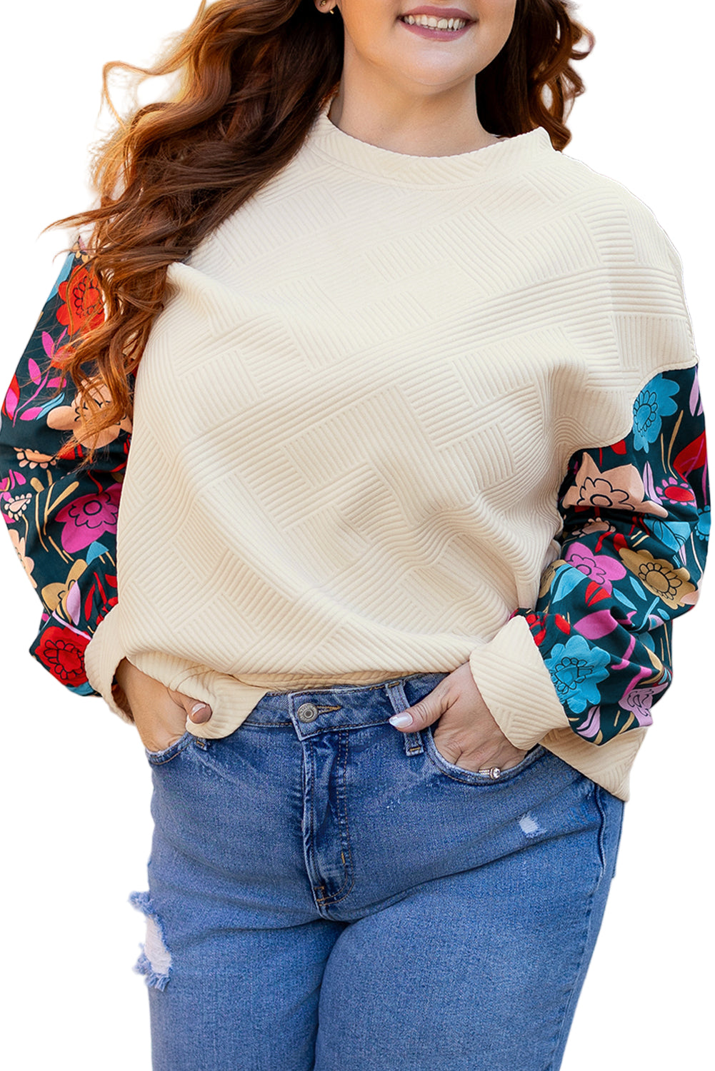 White Floral Patchwork Sleeve Textured Plus Size Pullover Top Garden Naked Curves