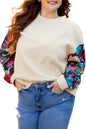 White Floral Patchwork Sleeve Textured Plus Size Pullover Top Garden Naked Curves