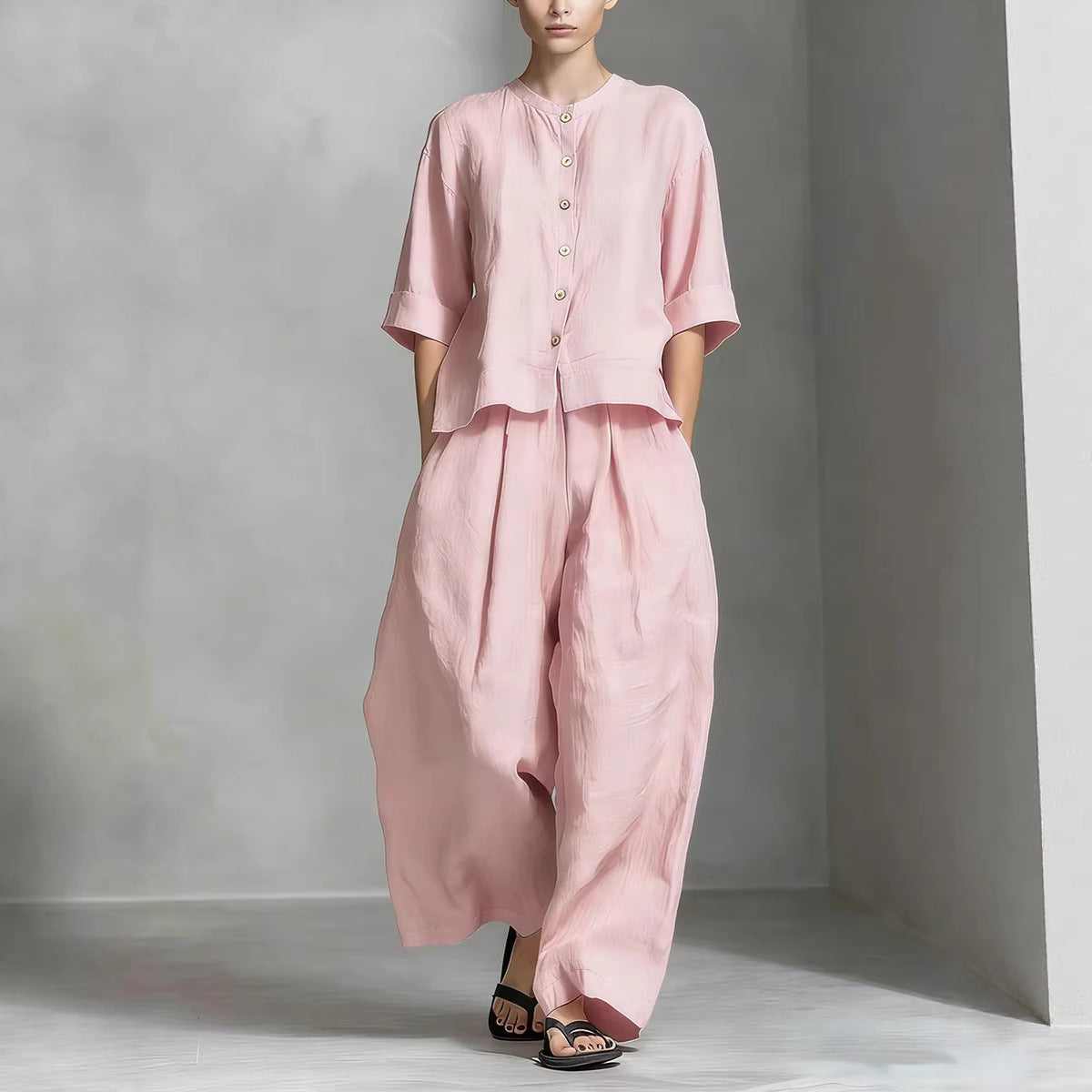 Three-Quarter Sleeve Shirt & Loose Trousers Two-Piece Set FitiqueFit