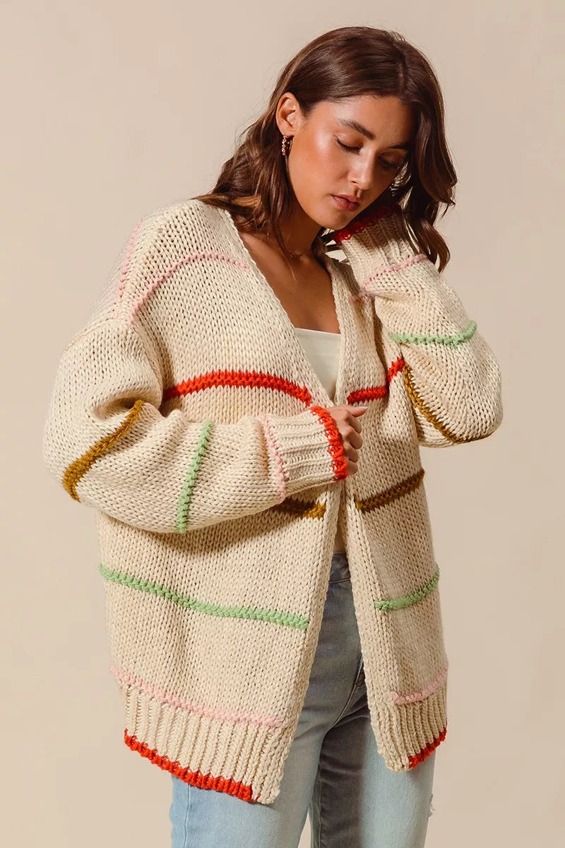 SO ME Loose Fit Multi Stripe Open Front Cardigan FitiqueFit