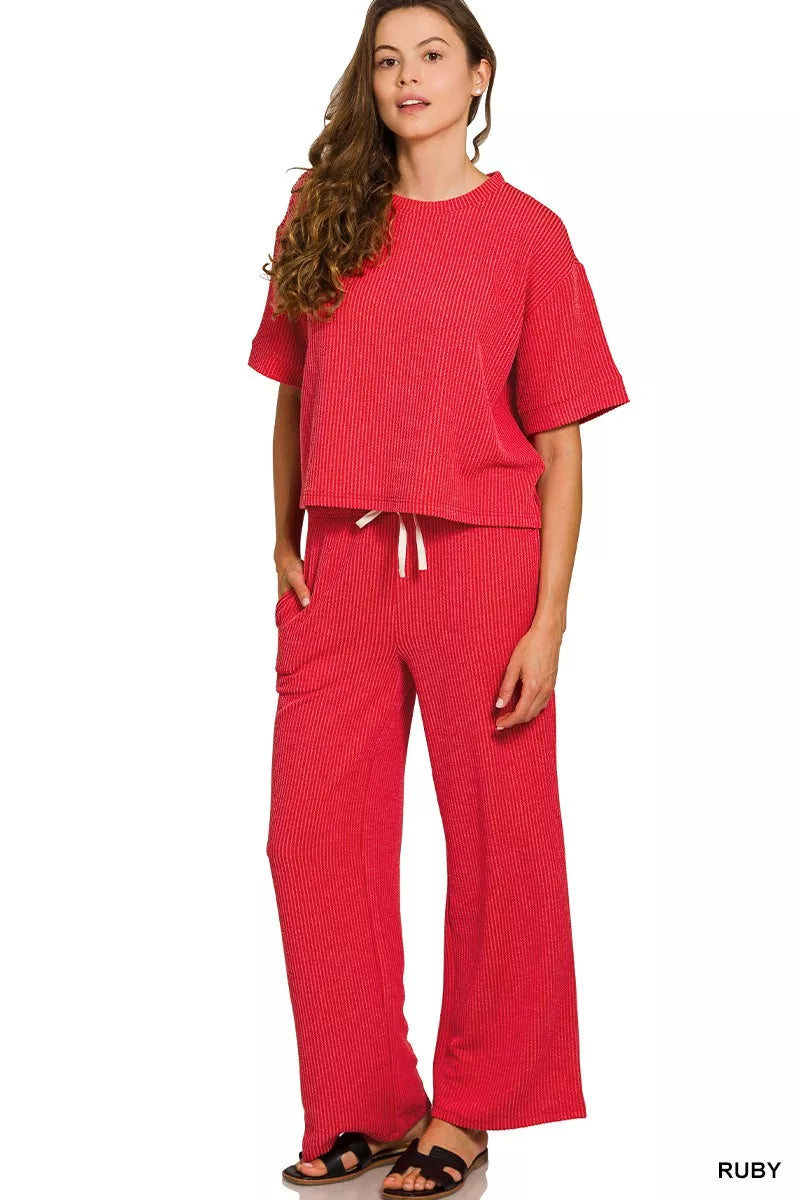 Zenana Raised Rib Short Sleeve Tee & Pants Set West2East Surf