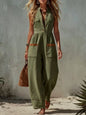 Women's Sleeveless Wide-Leg Jumpsuit – Loose Fit, V-Neck, Cotton Linen FitiqueFit