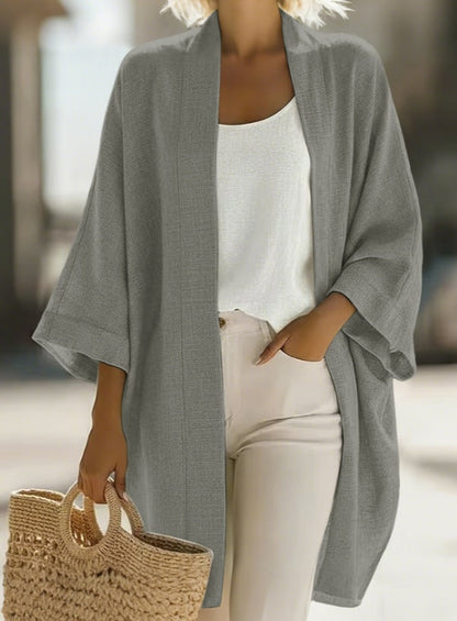 Women's Japanese Linen-Blend Kimono Cardigan – Open Front 3/4 Sleeve FitiqueFit