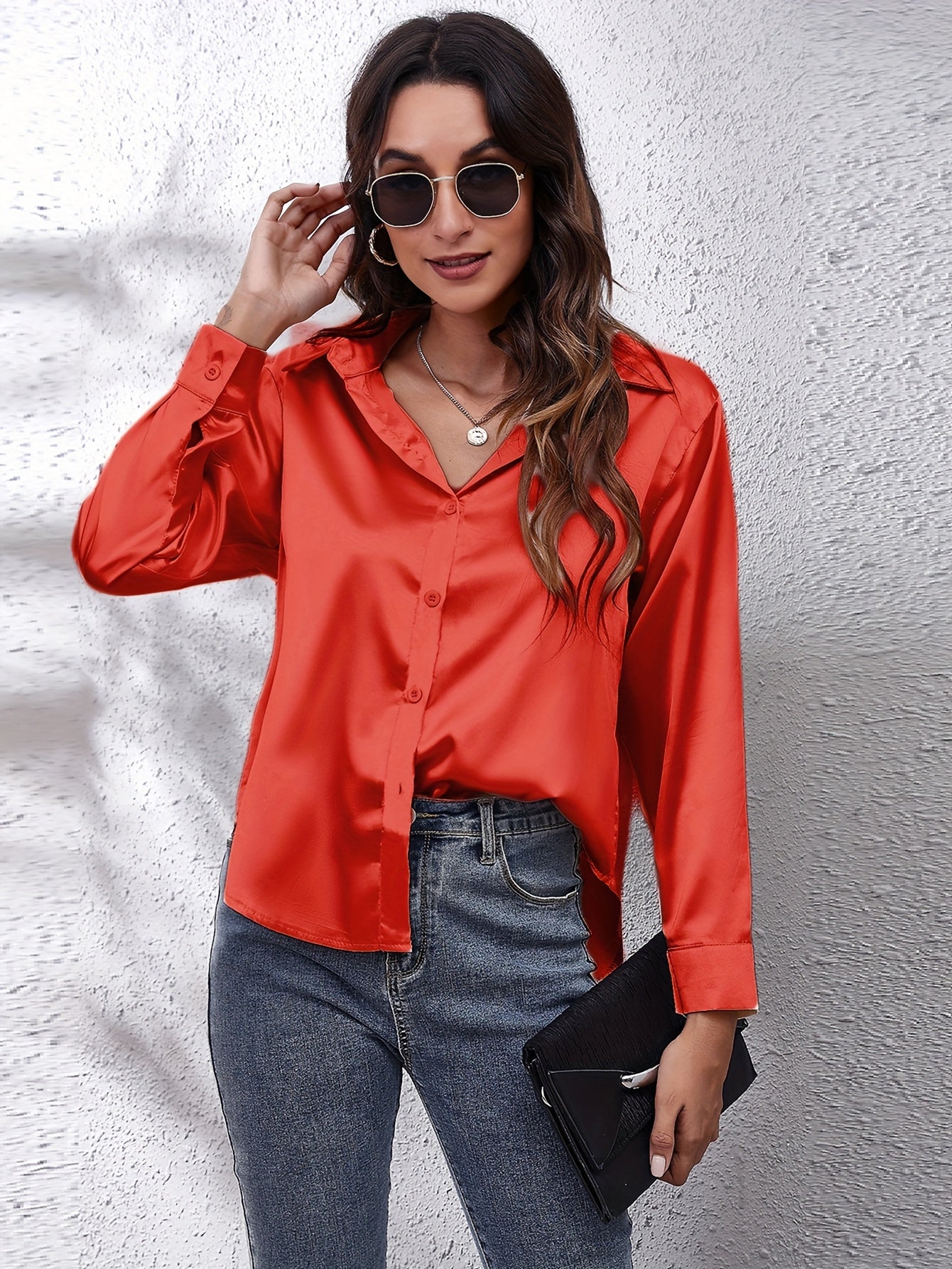 Hot Style In-Kind Shooting Satin Shirt Women'S Satin Imitation Long-Sleeved Shirt New European And American Cross-Border Women'S Clothing NovaCart
