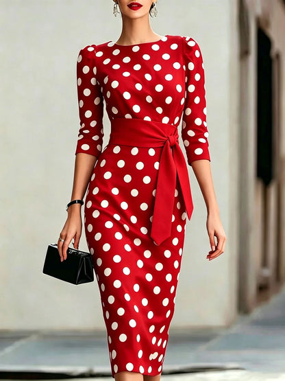 Women's Retro Polka-Dot Bodycon Midi Dress – Belted Cross-Tie FitiqueFit