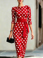 Women's Retro Polka-Dot Bodycon Midi Dress – Belted Cross-Tie FitiqueFit