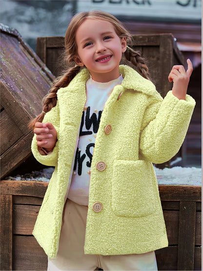 Girls' Lamb Fur Jacket | JOMAKE Korean-Style Lapel Collar, Two-Tone, Warm Windbreaker with Pockets, Lining, Button Closure, Long Sleeves for Winter NovaCart