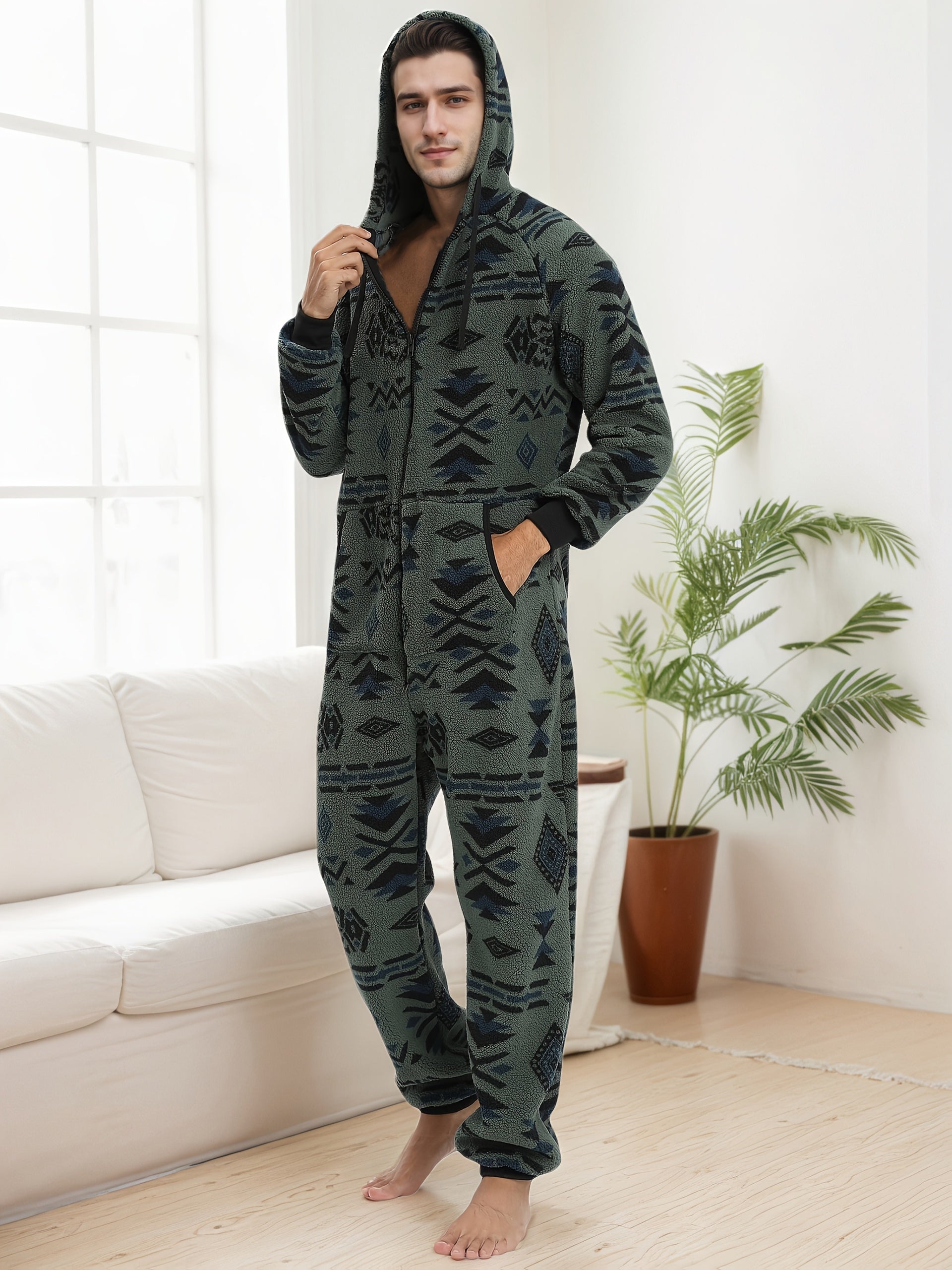 Men'S Heavy-Duty Full-Zip Hooded Onesie - Long Sleeve Winter Sleepwear with Drawstring Hood, Loose Fit Onesie for Cold Weather, Christmas Costume & Everyday Indoor/Outdoor Use - Easy Zipper Closure, Indoor Loungewear, Plush, NovaCart