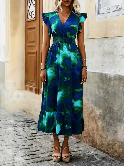 Women's V-Neck Floral Print A-Line Midi Dress – High Waist Sleeveless FitiqueFit