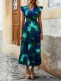 Women's V-Neck Floral Print A-Line Midi Dress – High Waist Sleeveless FitiqueFit