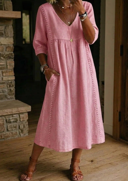 Women's Linen Cotton V-Neck Dress – Lace Trim, Loose Fit, 7 Colors FitiqueFit