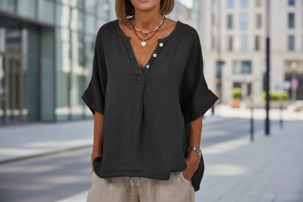 Women's Cotton Linen V-Neck Button-Up Shirt FitiqueFit