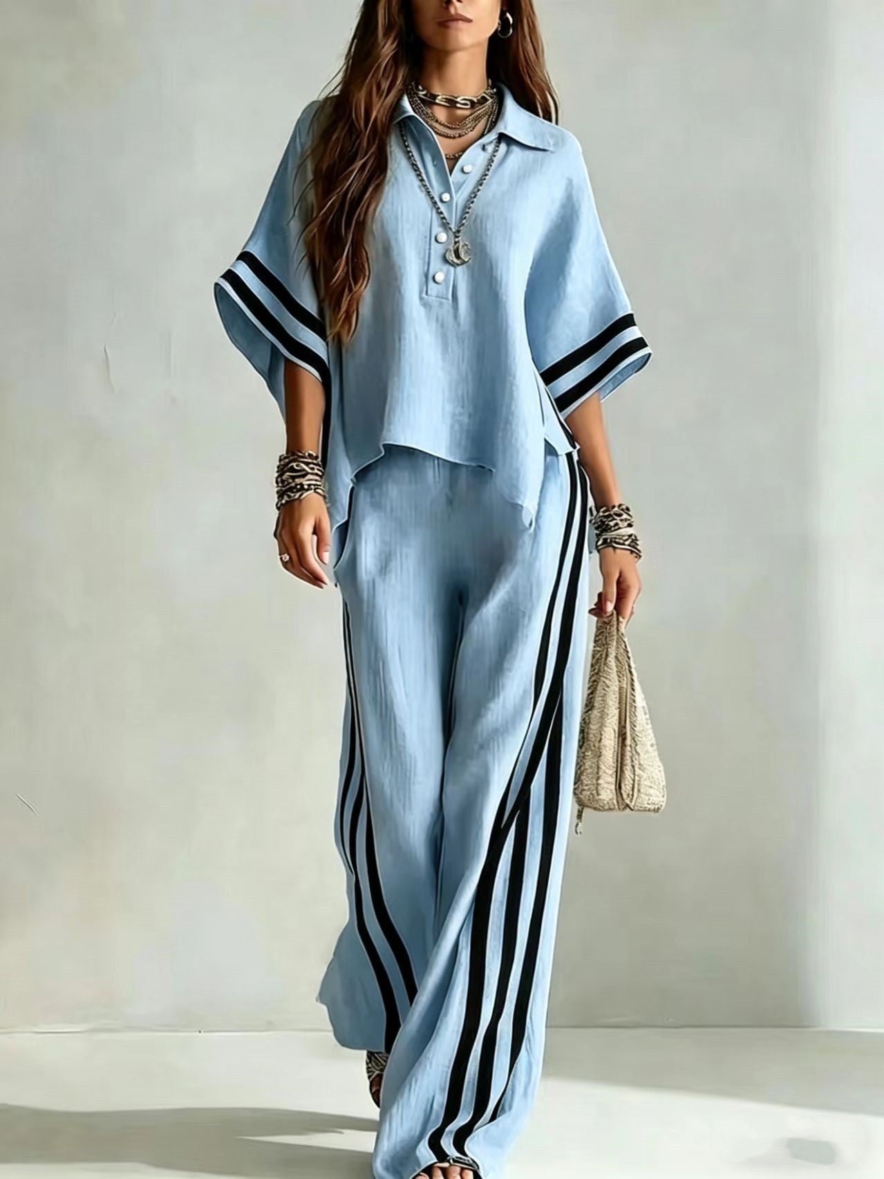 Women's Short-Sleeve Shirt & Loose Pants Two-Piece Set FitiqueFit