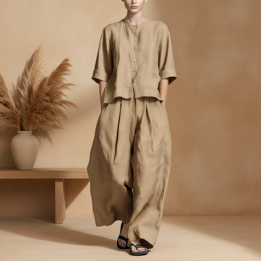 Three-Quarter Sleeve Shirt & Loose Trousers Two-Piece Set FitiqueFit