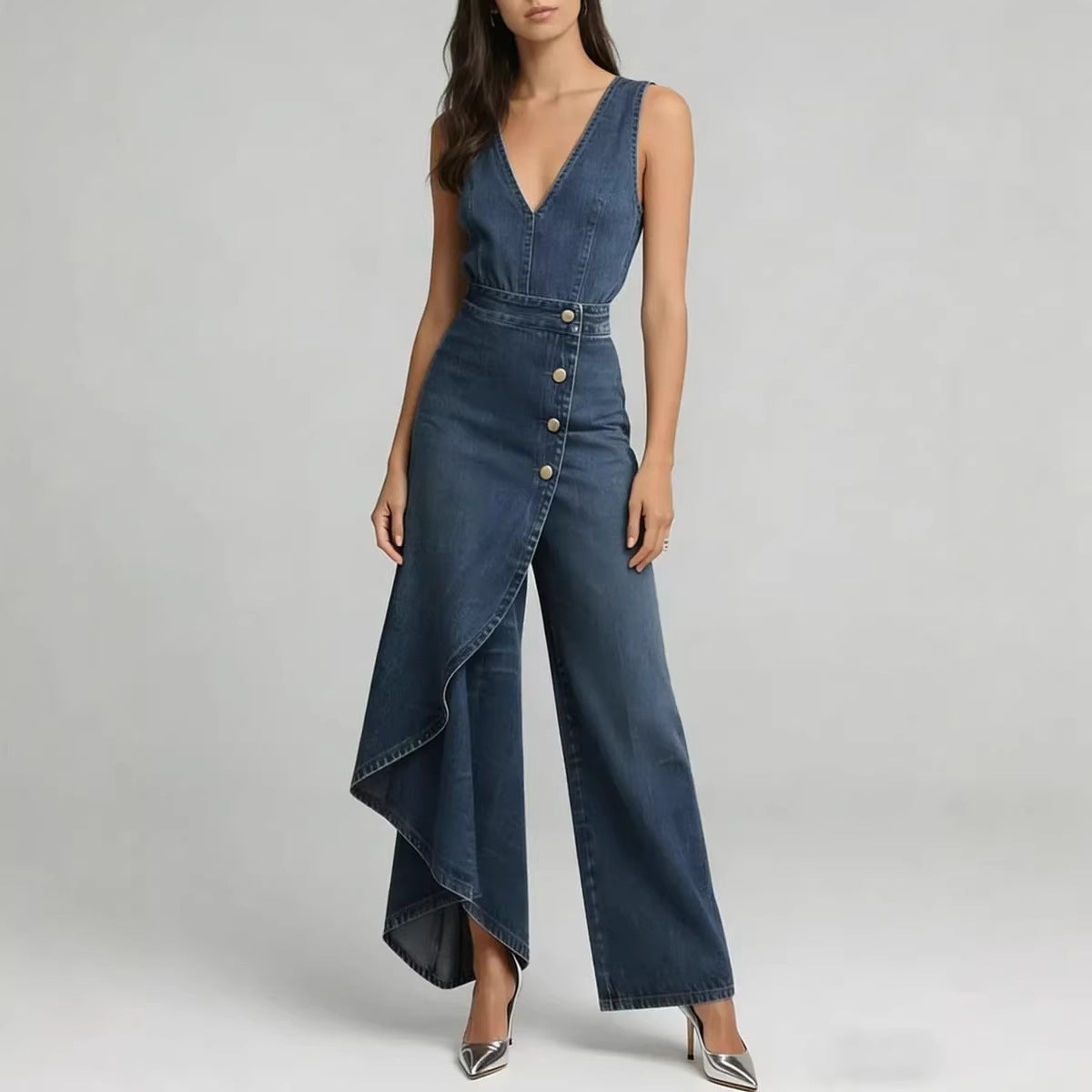 Women’s Western-Style V-Neck Asymmetrical Denim Jumpsuit FitiqueFit