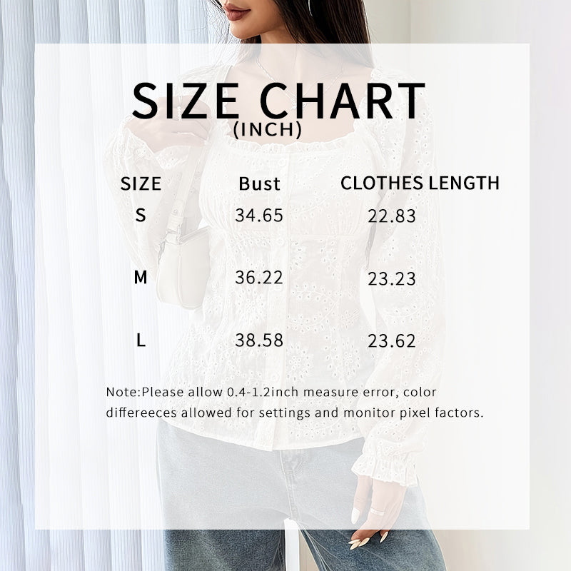 Women’s Square Neck Eyelet Lace Blouse – Puff Sleeve Hollow-Out Button Top FitiqueFit